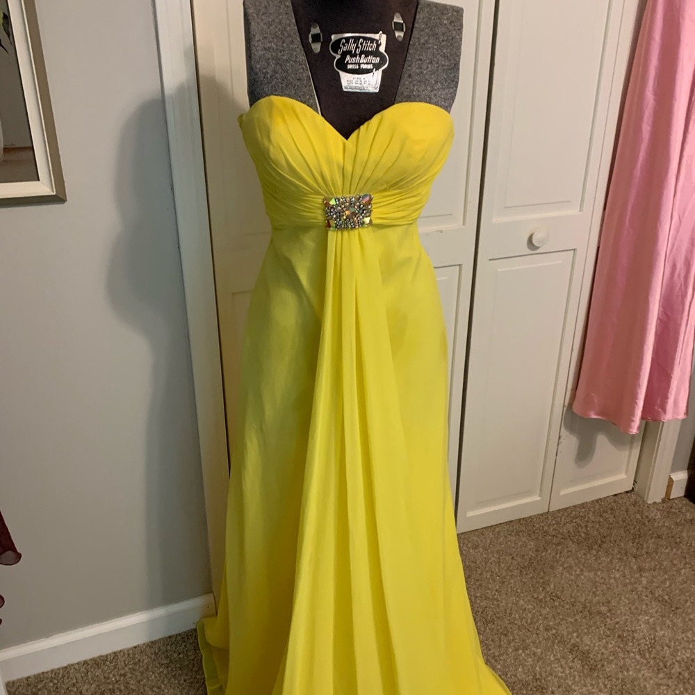 La Femme Yellow Ruched Strapless Gown